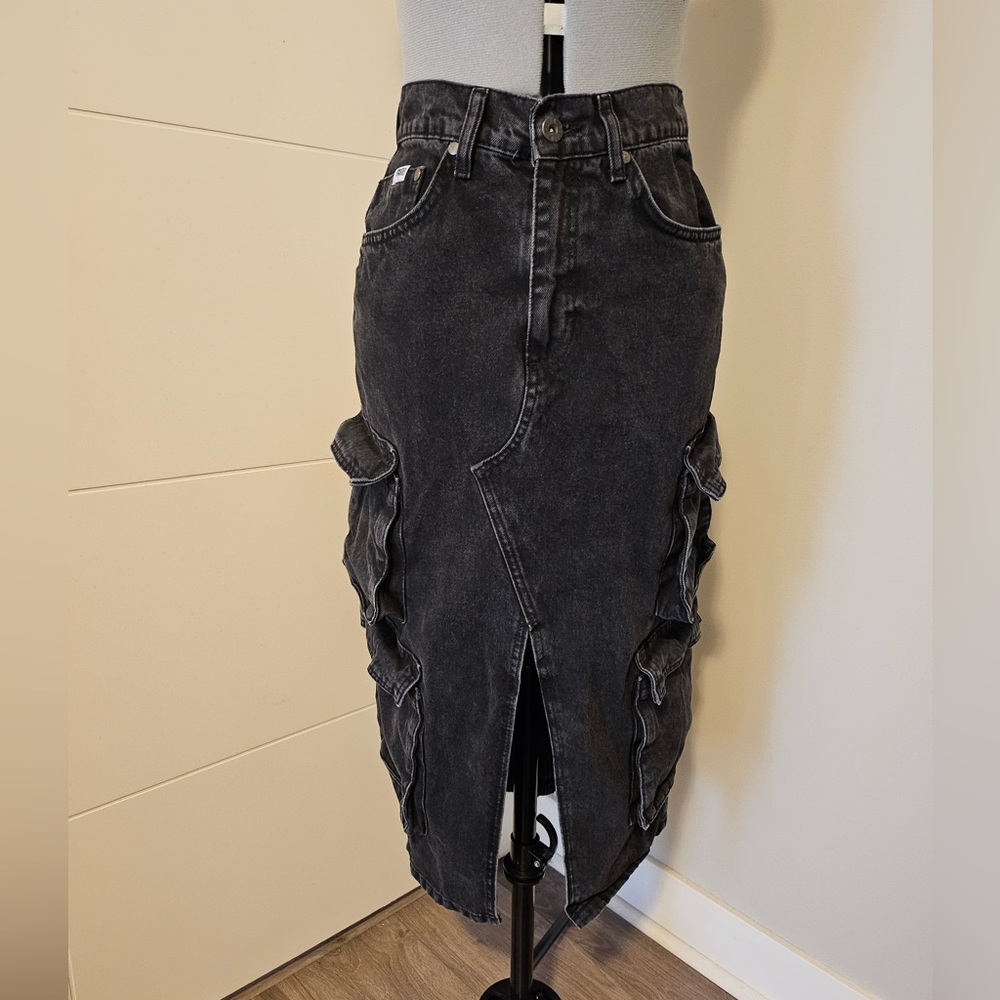 The Ragged Priest charcoal black soda combat denim midi skirt size xs